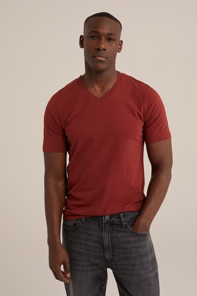 We Fashion Slim Fit T-shirt Met V-hals Donkerrood