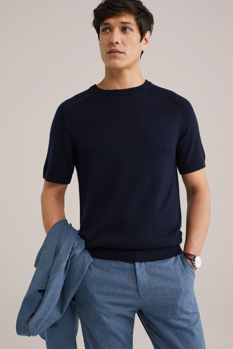 we fashion T-shirt van merinowol Donkerblauw