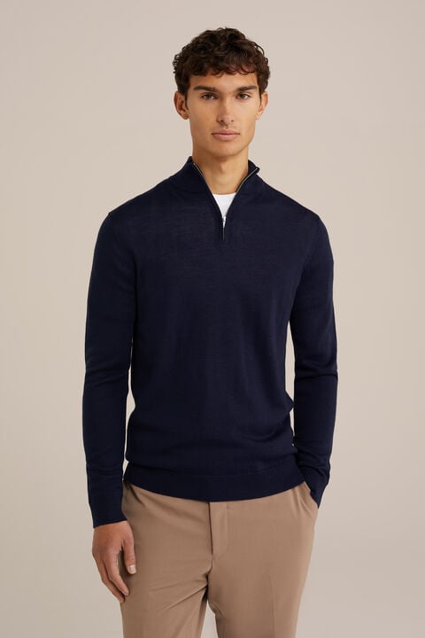 we fashion trui met rits van merinowol Marineblauw