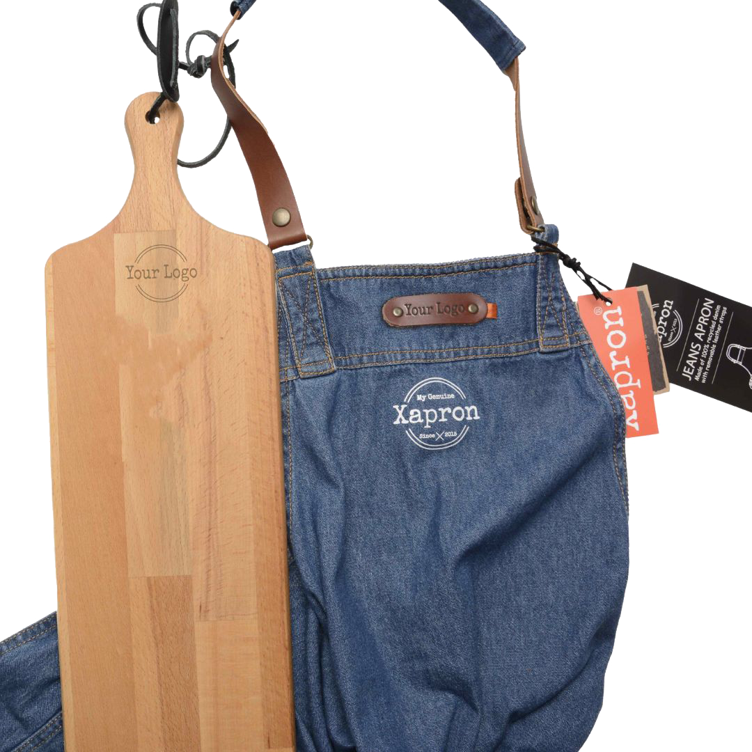 xapron Actiepakket Borrel plank – Massief beuken houten borrel plank peddle & Denim schort