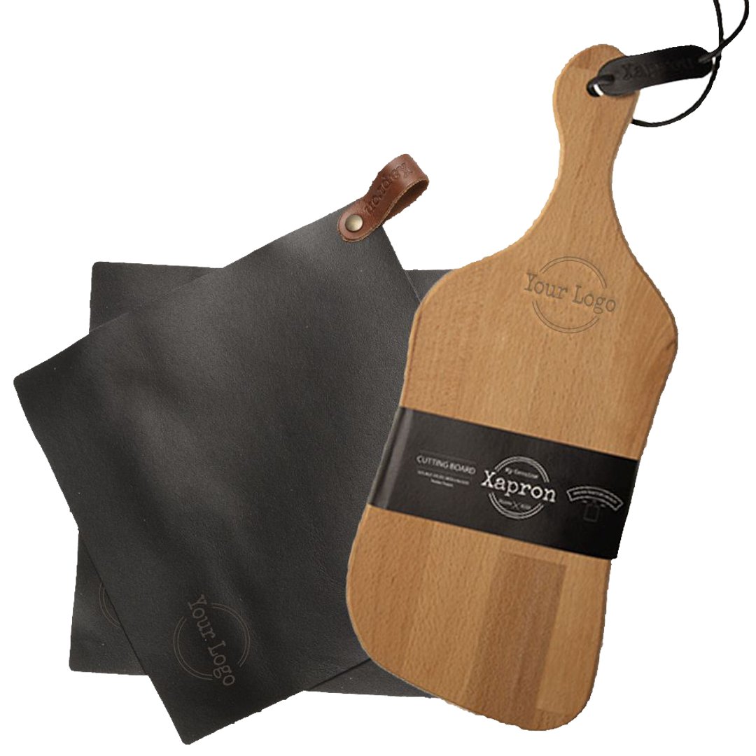 xapron Actiepakket Keuken -Leren pannenlappen & Kersen houten borrelplankje Curvy