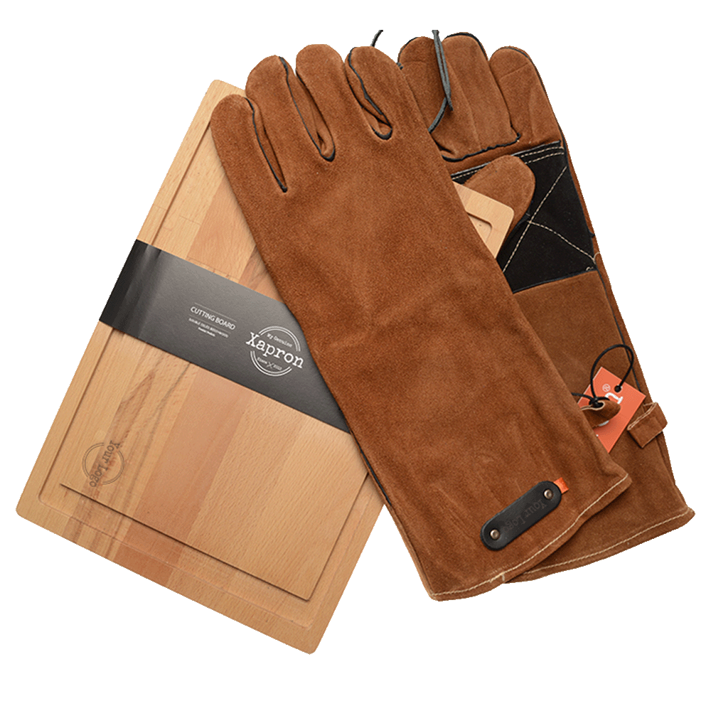 xapron Luxe actie Pakket BBQ -Suede vuurvaste BBQ handschoenen Beuken houten snijplank Juice
