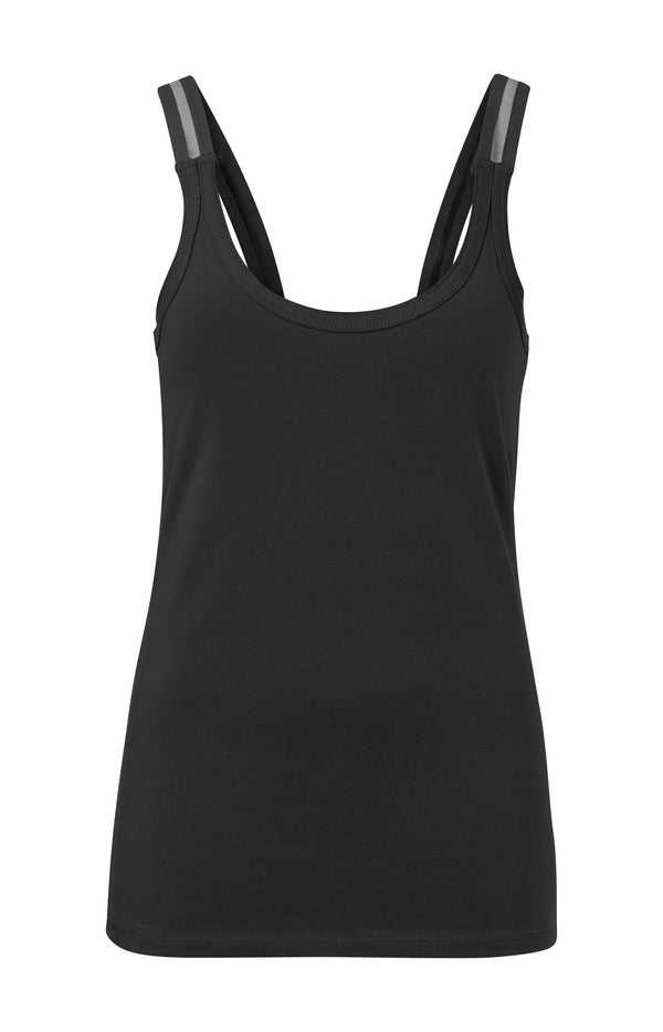 yaya Basic katoenen singlet met elastische bandjes met meshdetail Black
