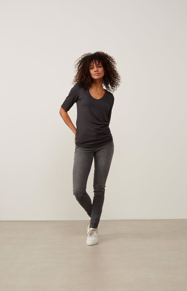 Yaya Basic T-shirt Met Rond V-hals En Halflange Mouwen Pirate Black