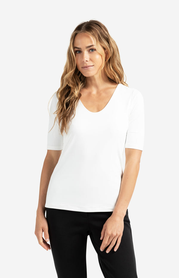 Yaya Basic T-shirt Met Rond V-hals En Halflange Mouwen Off White