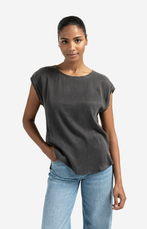 Yaya Basic Top Van Gemengde Stof Met Ronde Hals En Kapmouwtjes Pirate Black