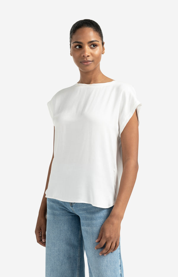 Yaya Basic Top Van Gemengde Stof Met Ronde Hals En Kapmouwtjes Off White