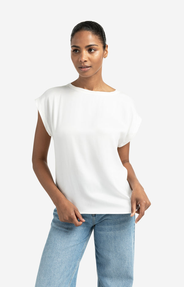 yaya Basic top van gemengde stof met ronde hals en kapmouwtjes Off White