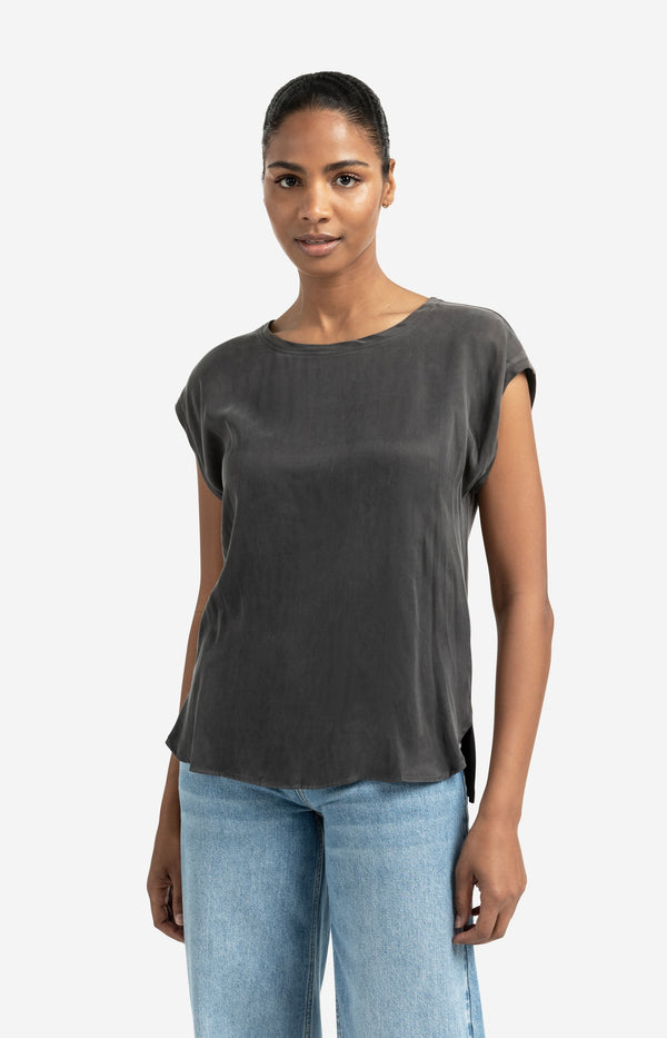 yaya Basic top van gemengde stof met ronde hals en kapmouwtjes Pirate Black