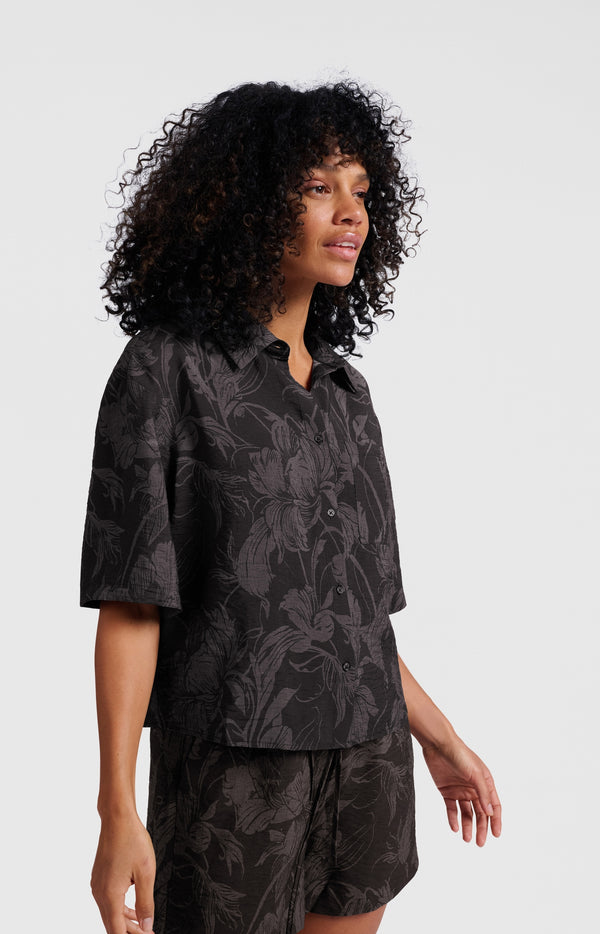 yaya Blouse met print en korte mouwen Washed Black Dessin