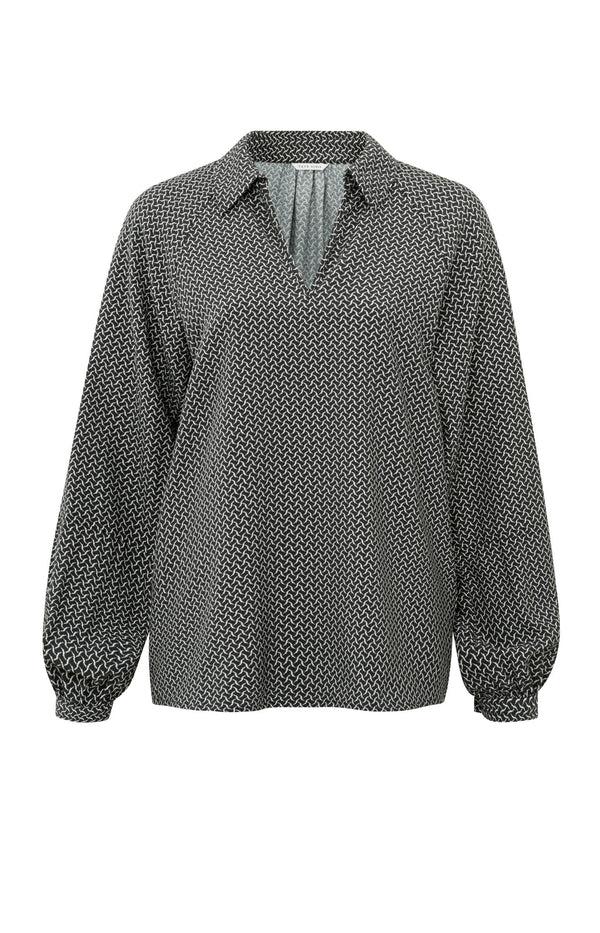 Yaya Blouse Met Print Lange Ballonmouwen En V-hals Met Kraag Anthracite Dessin