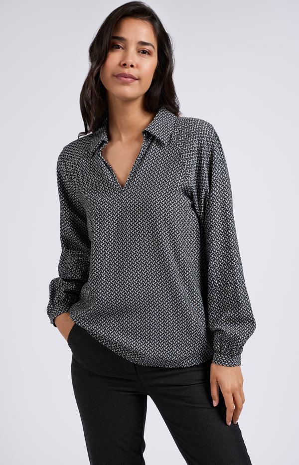 yaya Blouse met print lange ballonmouwen en V-hals met kraag Anthracite Dessin