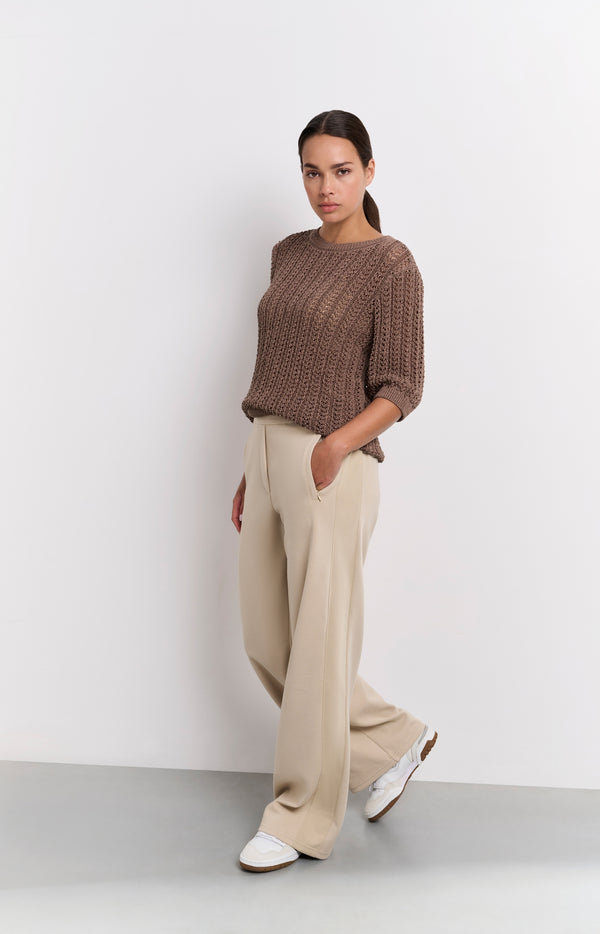 yaya Broek met wijde pijpen en hoge taille Twill Beige yaya Broek met wijde pijpen en hoge taille Twill Beige