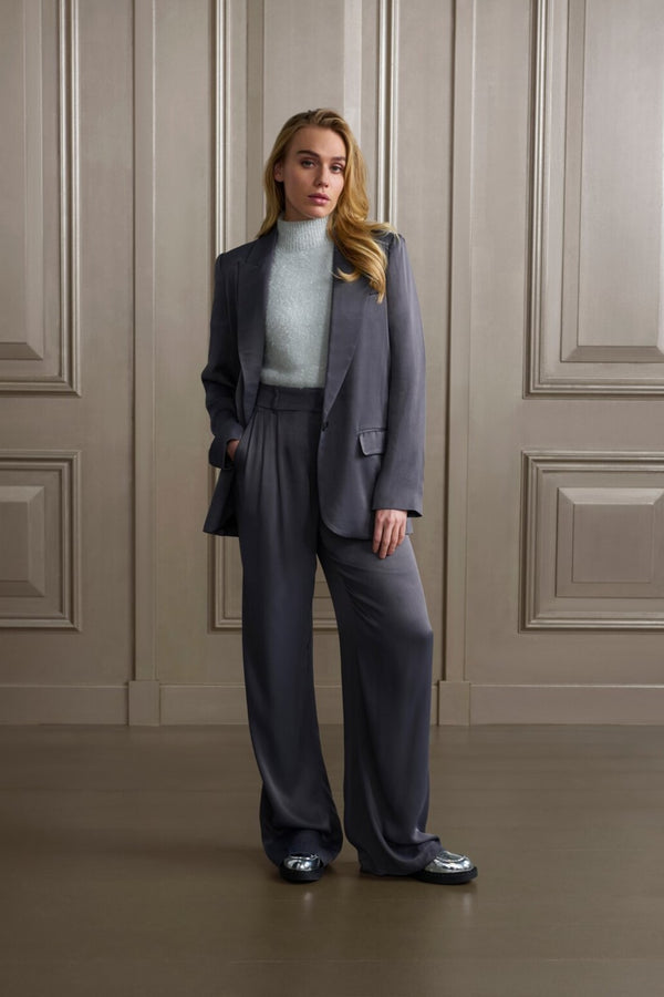 Yaya Broek Met Wijde Pijpen Hoge Taille En Plooidetails Dark Metal Grey