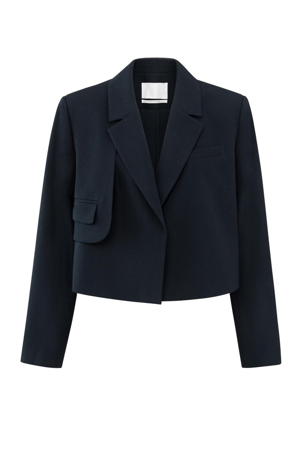 Yaya Donkerblauwe Geweven Korte Blazer Met Uniek Zakdetail Outer Space Blue