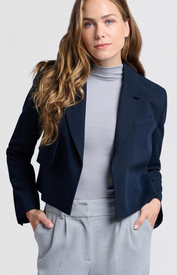 Yaya Donkerblauwe Geweven Korte Blazer Met Uniek Zakdetail Outer Space Blue