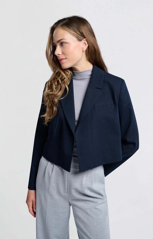 Yaya Donkerblauwe Geweven Korte Blazer Met Uniek Zakdetail Outer Space Blue