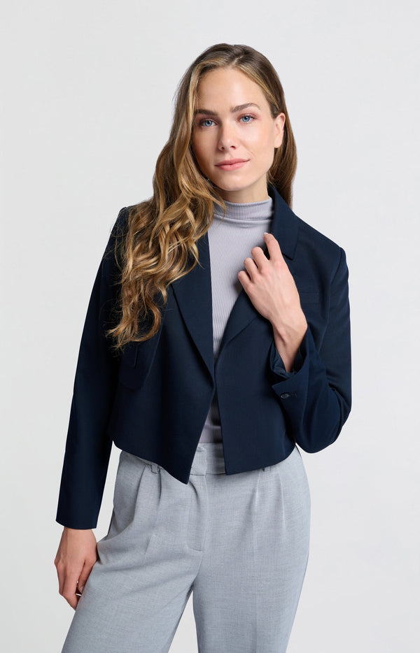 yaya Donkerblauwe geweven korte blazer met uniek zakdetail Outer Space Blue