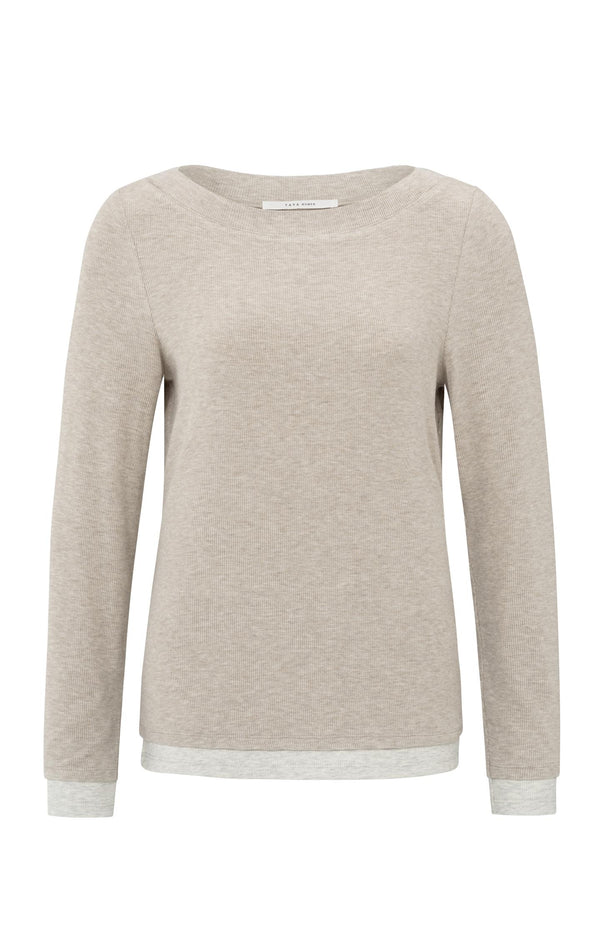 Yaya Faux-dubbelgelaagde Top Met Contrasterende Boorddetails Feather Melange