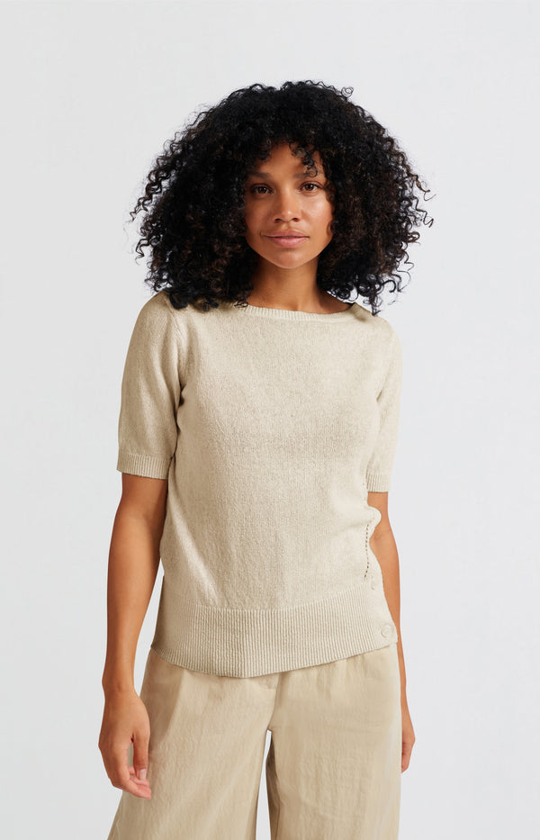 Yaya Fijngebreide Sweater Met Boothals En Korte Mouwen Nature Melange
