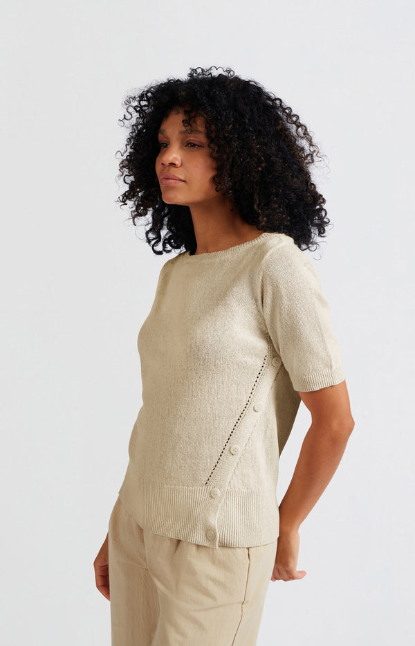 yaya Fijngebreide sweater met boothals en korte mouwen Nature Melange