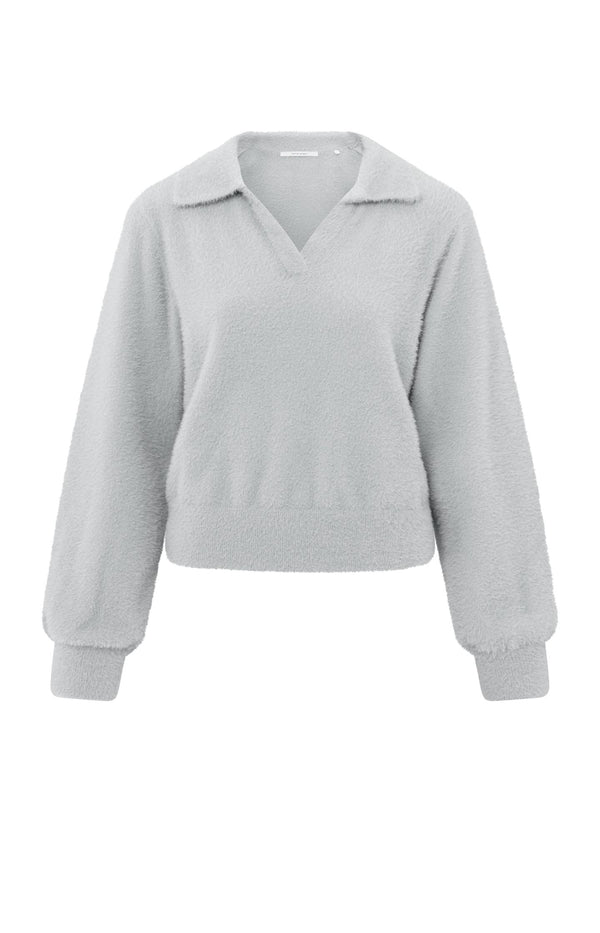 Yaya Fluffy Polo Sweater Met Klassieke Kraag En V-hals Light Grey Melange