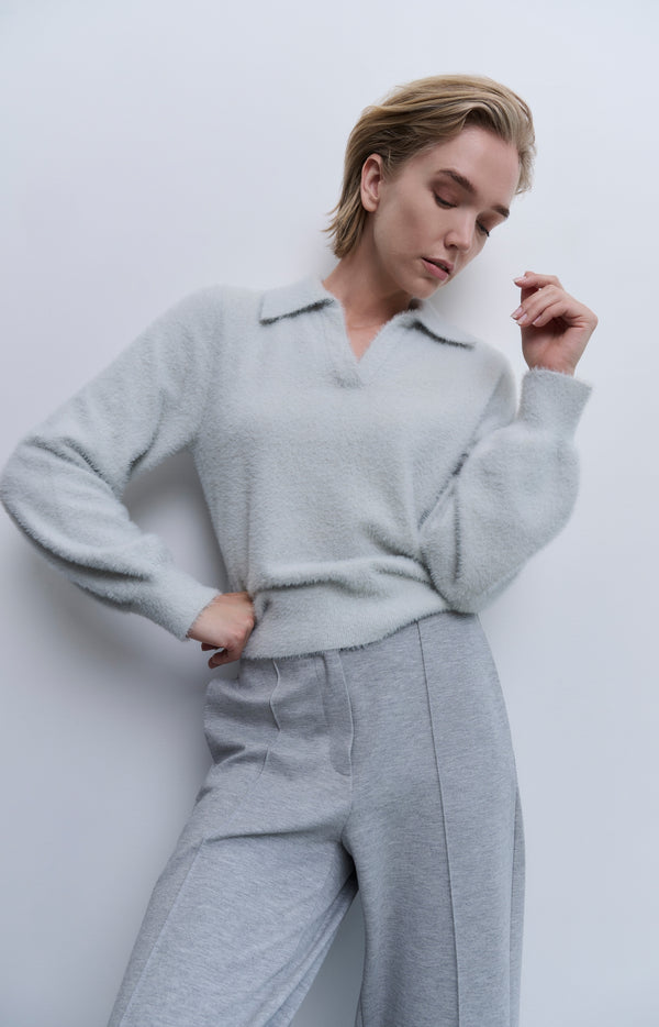 yaya Fluffy polo sweater met klassieke kraag en V-hals Light Grey Melange