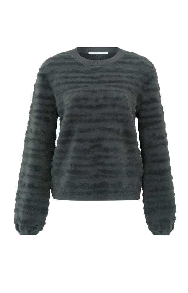Yaya Fluffy Trui Met Ronde Hals En Subtiele Strepen Dark Metal Grey