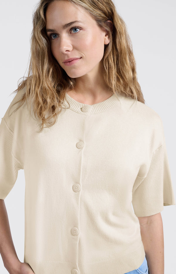 Yaya Gebreid Vest Met Korte Mouwen En Ribdetails Off White Knit