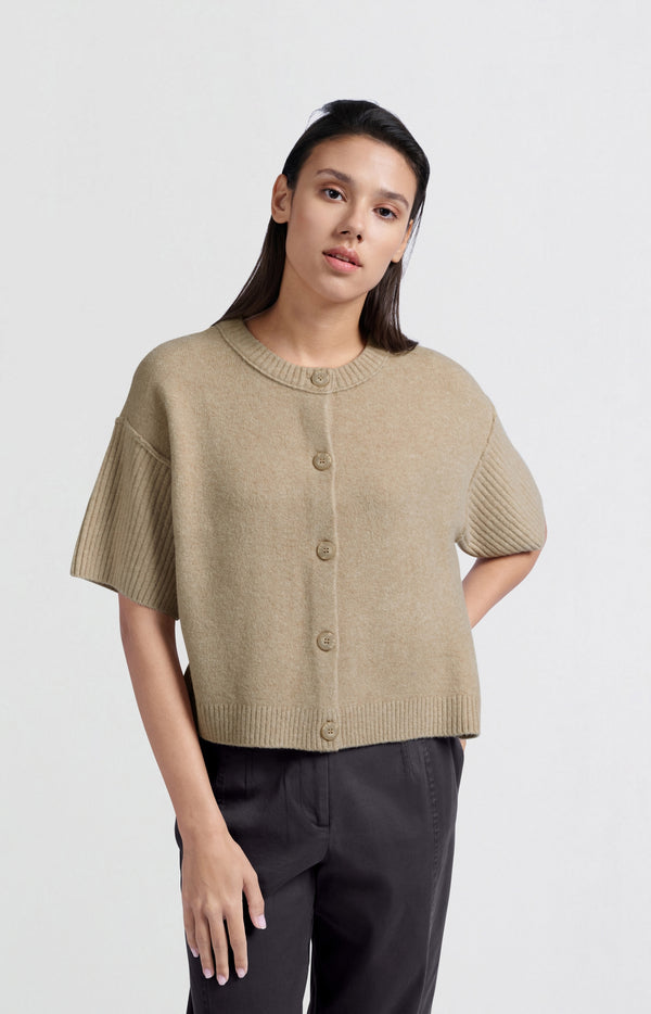 yaya Gebreid vest met wijde korte mouwen en losse pasvorm Humus Beige Melange