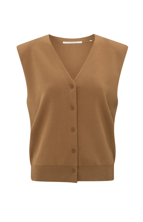 Yaya Gebreide Gilet Met Schouderdetails En V-hals Chipmunk Brown