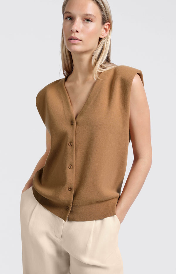 Yaya Gebreide Gilet Met Schouderdetails En V-hals Chipmunk Brown