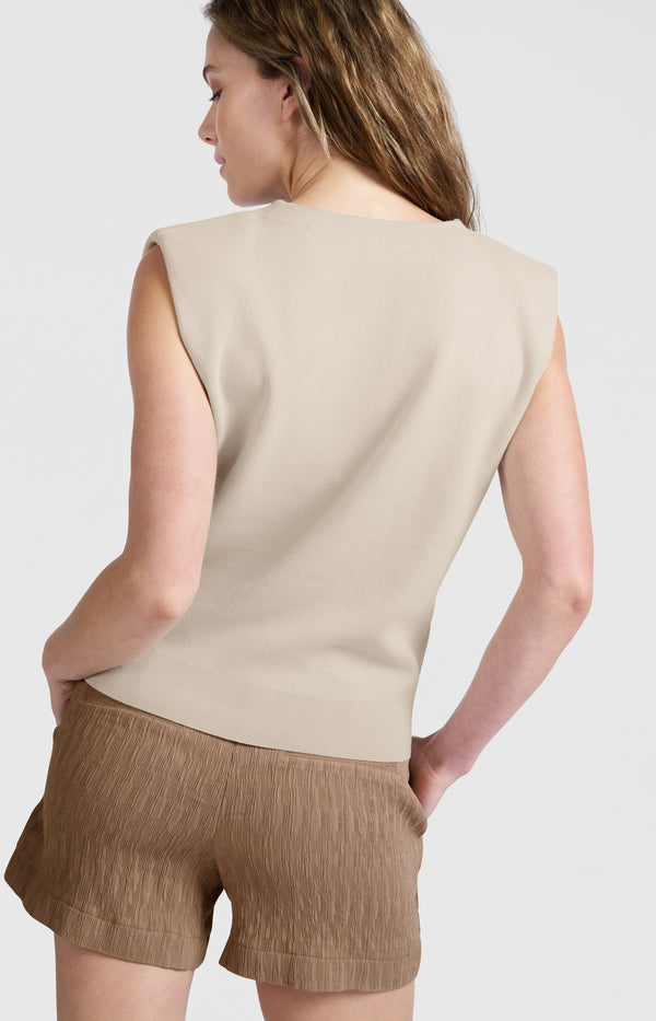 Yaya Gebreide Gilet Met Schouderdetails En V-hals Rainy Day Beige