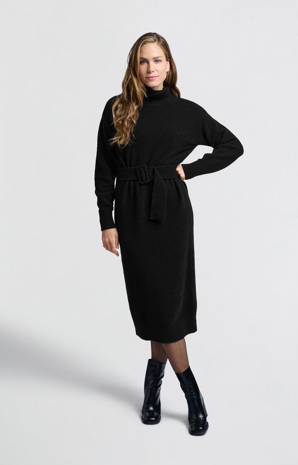 yaya Gebreide midi-jurk met col en tailleceintuur Black