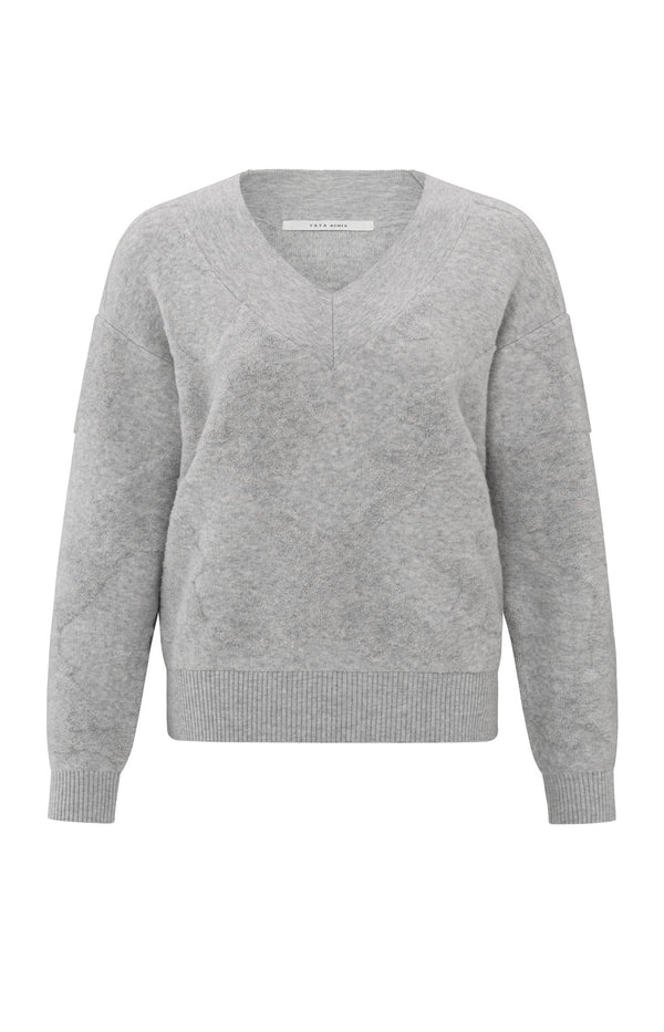 Yaya Gebreide Trui Met V-hals En Textuurpatroon Medium Grey Melange