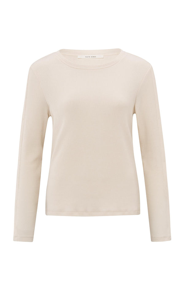 Yaya Geribde Lange Mouwentop Met Knoopdetails Off White Knit