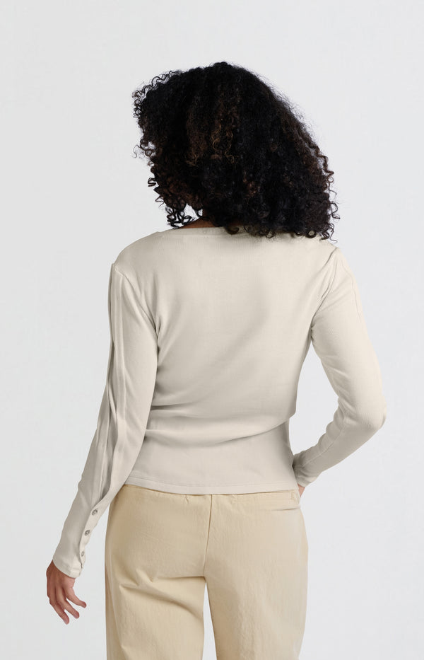 Yaya Geribde Lange Mouwentop Met Knoopdetails Off White Knit