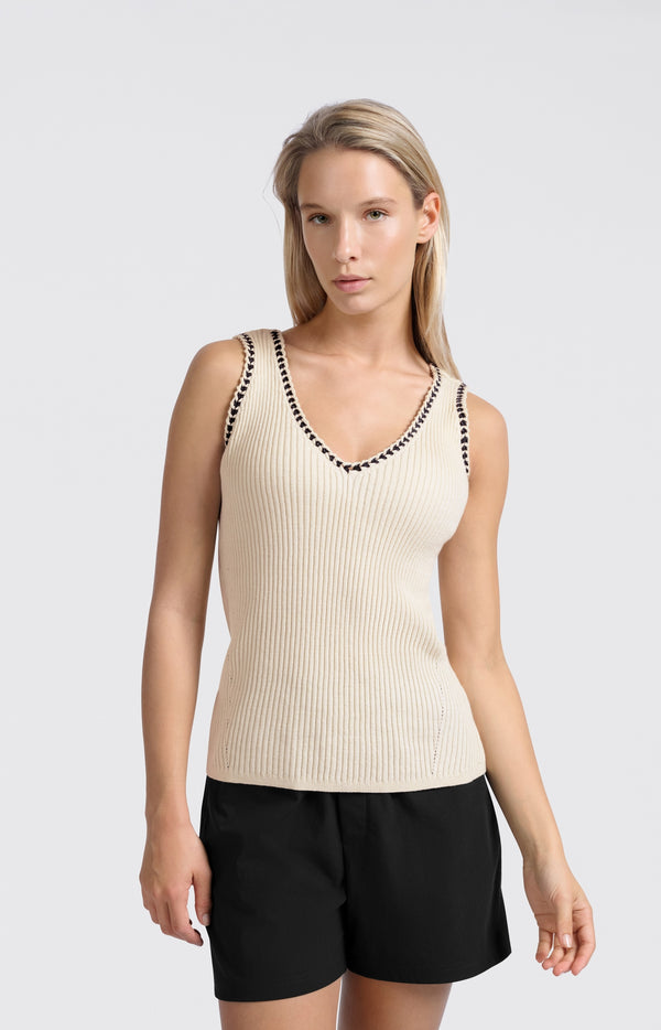 yaya Geribde tanktop met stikseldetail en aansluitende pasvorm Summer Sand