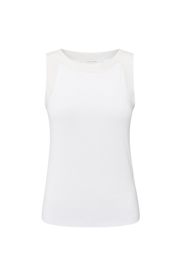 Yaya Geribde Top Met Geweven Mesh Details Pure White