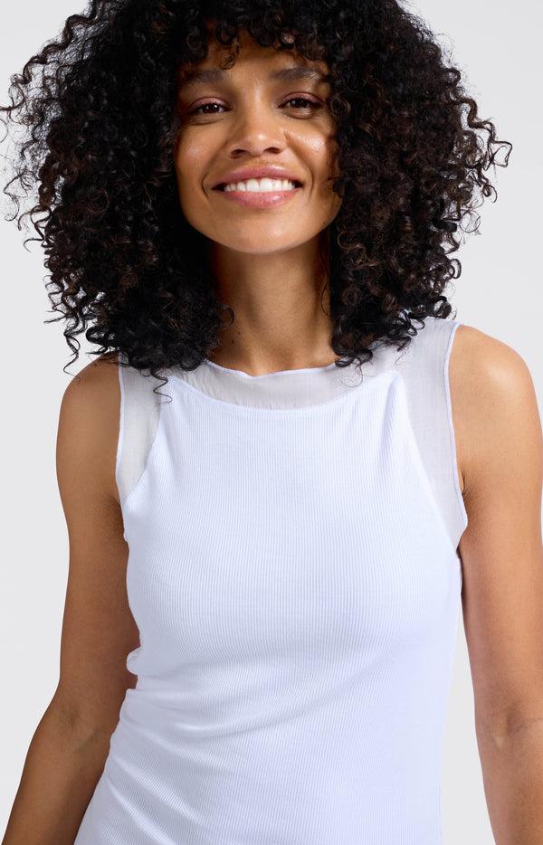 Yaya Geribde Top Met Geweven Mesh Details Pure White