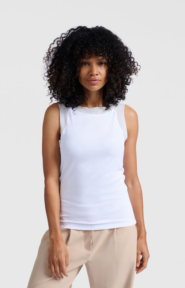 yaya Geribde top met geweven mesh details Pure White