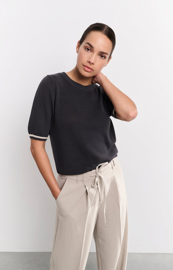 yaya Geribde trui met ronde hals en korte mouwen Phantom