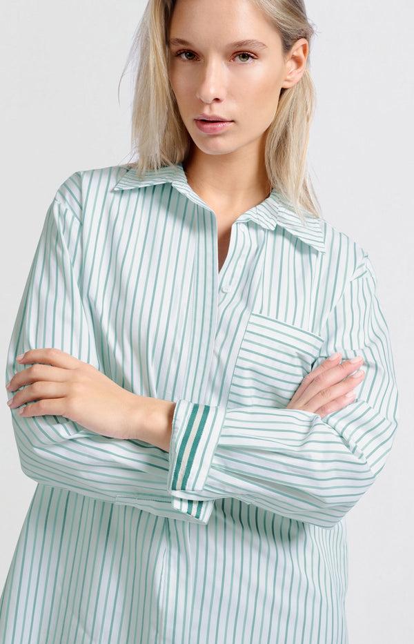 Yaya Gestreepte Blouse Met Borstzak En Manchetband Lagoon Blue Dessin