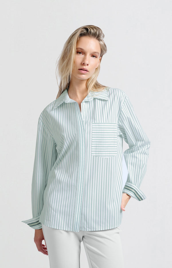 yaya Gestreepte blouse met borstzak en manchetband Lagoon Blue Dessin
