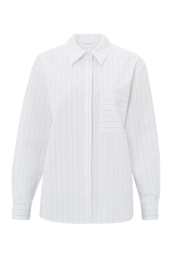 Yaya Gestreepte Blouse Met Borstzak En Manchetband Pumice Stone Beige Dessin