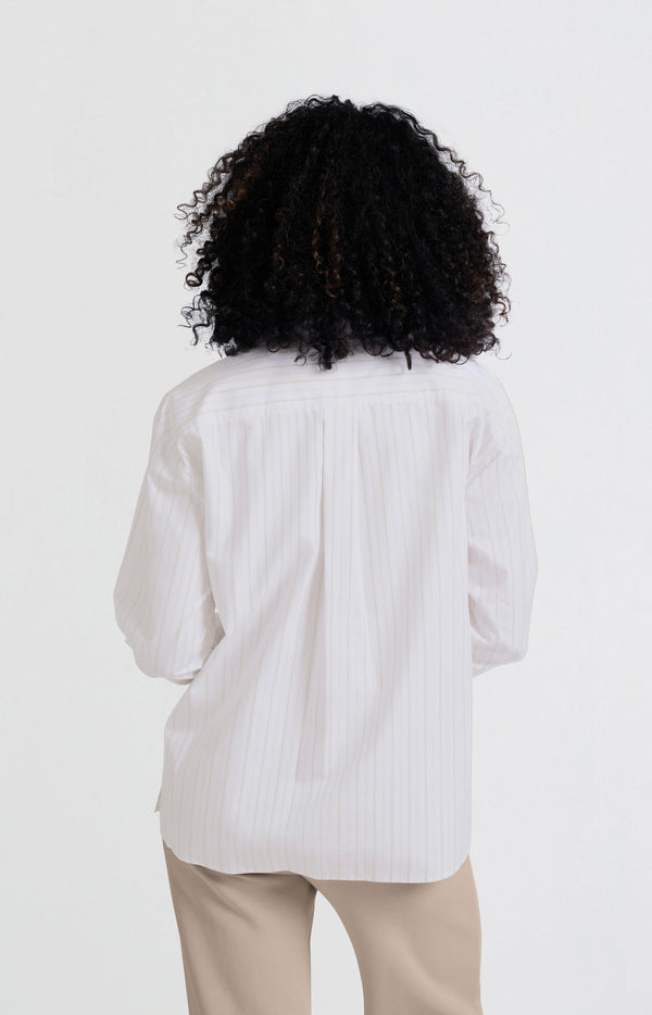 Yaya Gestreepte Blouse Met Borstzak En Manchetband Pumice Stone Beige Dessin