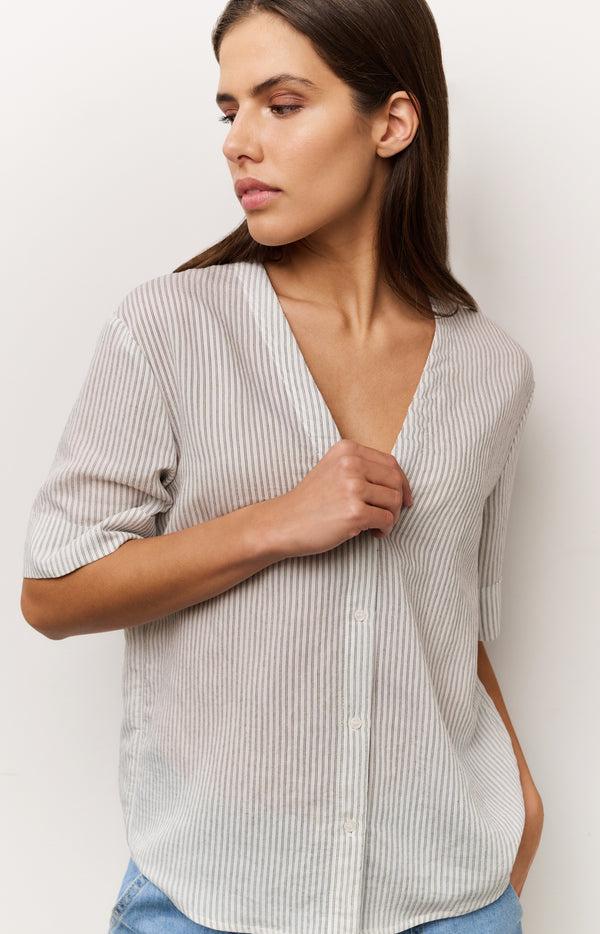 yaya Gestreepte blouse met V-hals en gekruiste rug Off White Dessin