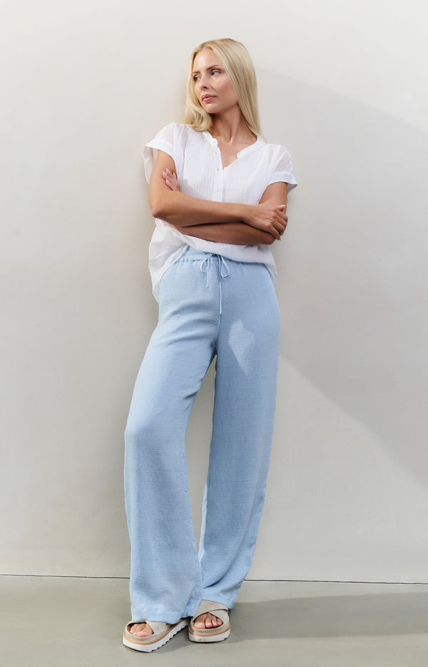 yaya Geweven broek met wijde pijpen en elastische taille Baby Blue yaya Geweven broek met wijde pijpen en elastische taille Baby Blue