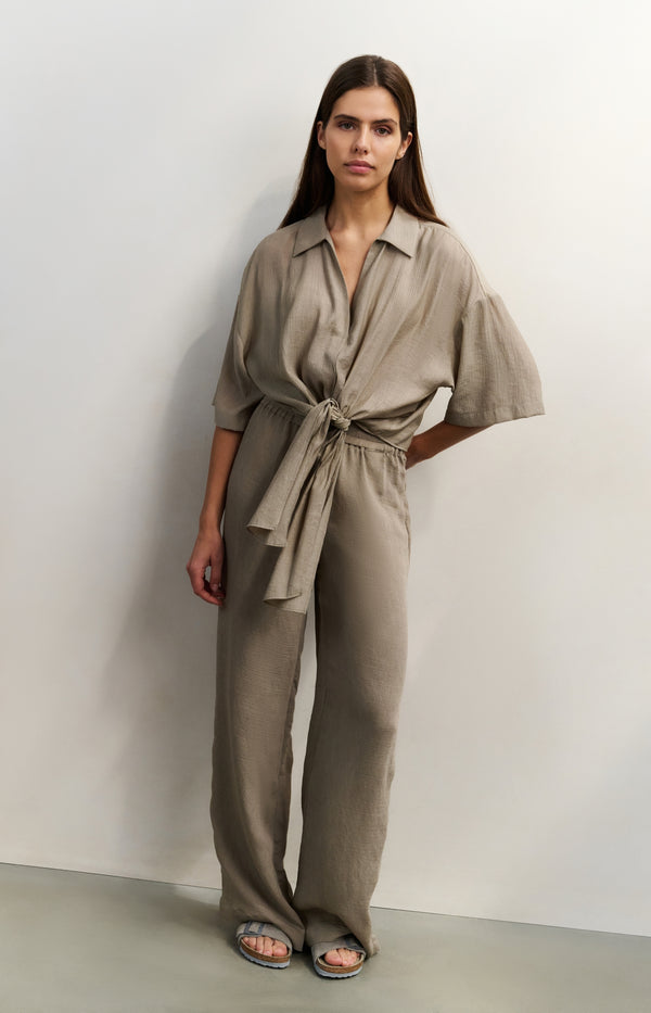 yaya Geweven broek met wijde pijpen en elastische taille Seneca Rock Beige