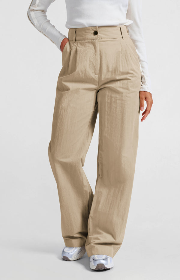 Yaya Geweven Katoenen Broek Met Hoge Taille En Oversized Pasvorm Twill Beige